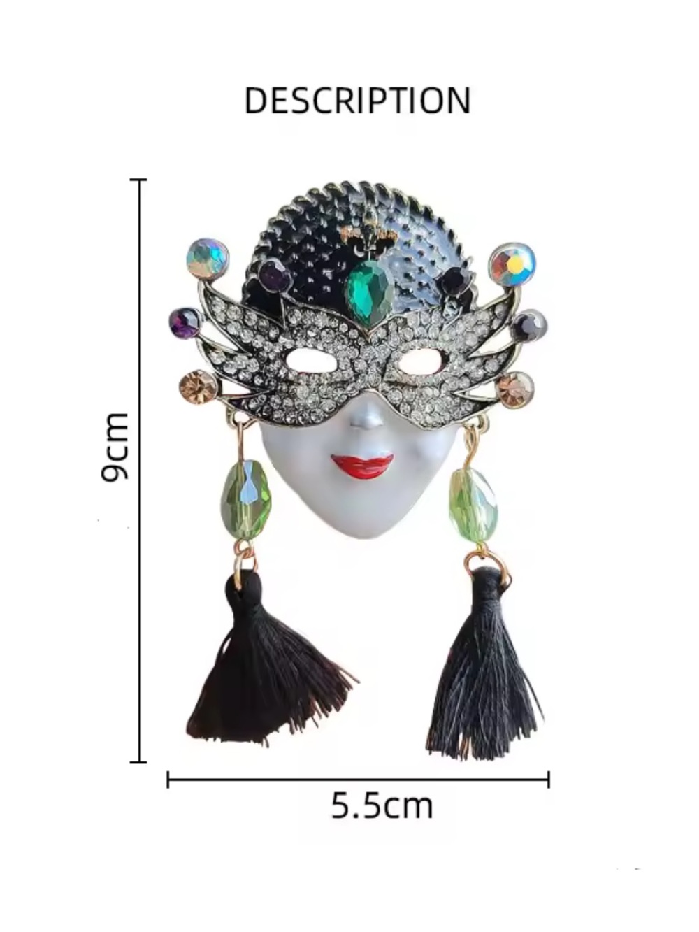 Anthropologie Crystal Masquerade Mask Brooch - Black, White & Green - Picture 7 of 9
